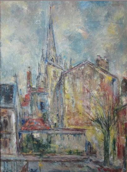 La place Montaut à Bayonne peinte vers 1960 par Pierre Mahut (1910-2004)